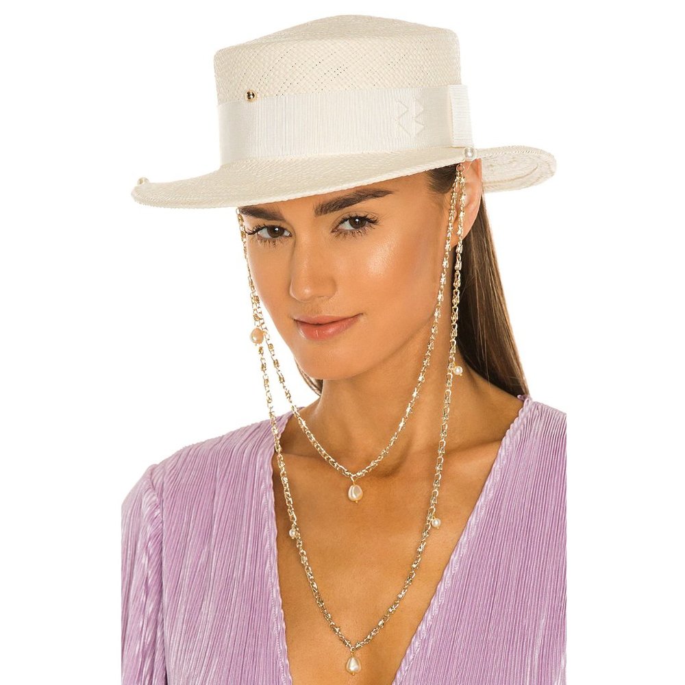 NEW Ruslan Baginskiy Double Chain Strap Straw Boater Hat in White Small S